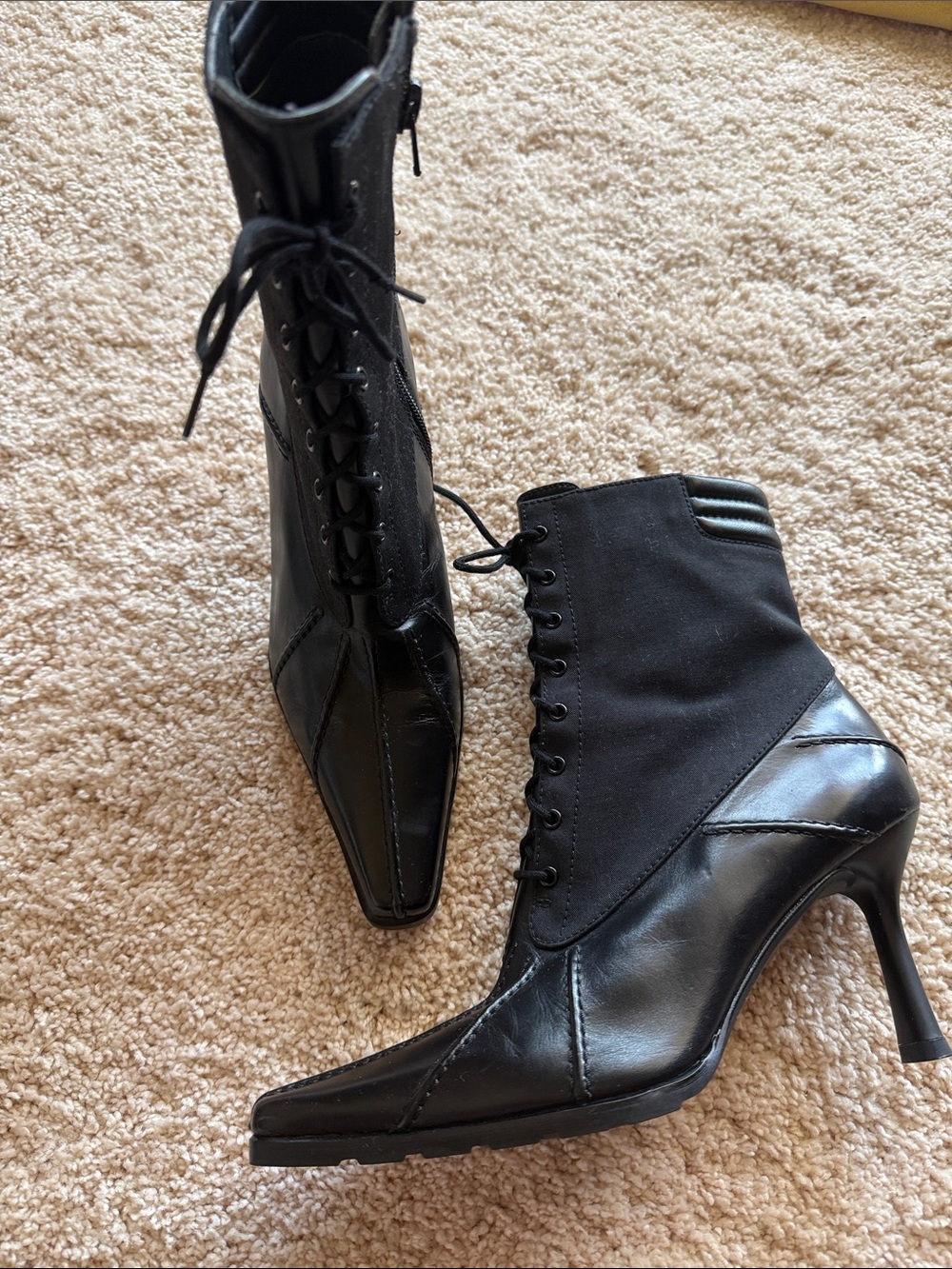 Stuart Weitzman Black Lace-Up Pointed Ankle Boots